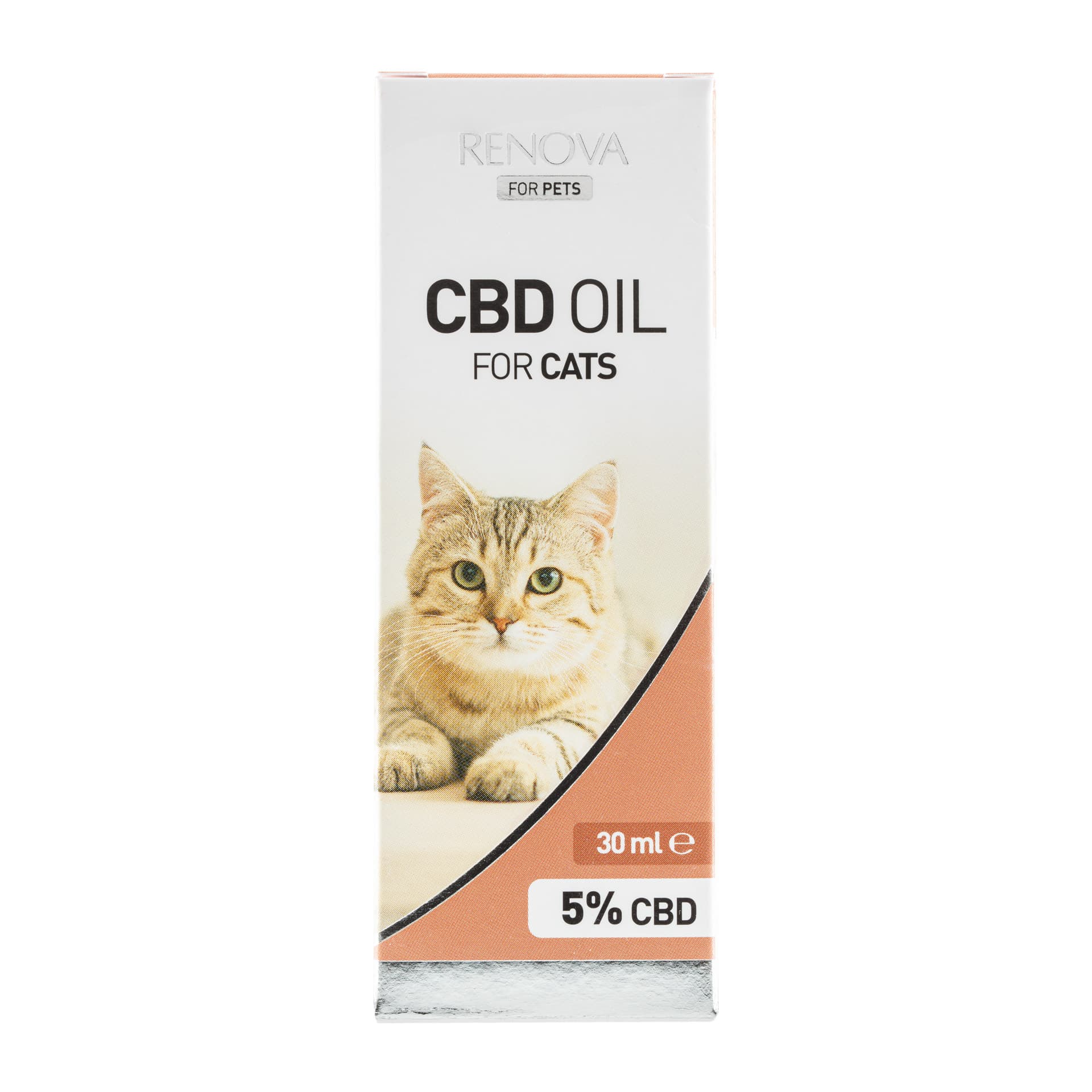 A box of Renova CBD oil 5% for cats (30ml) on a white background.