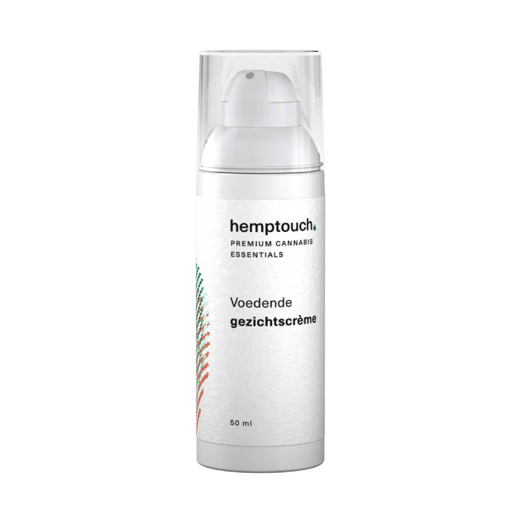 a close up of a bottle of Hemptouch nurturing face cream with CBD (50 ml/50 mg) on a white background.