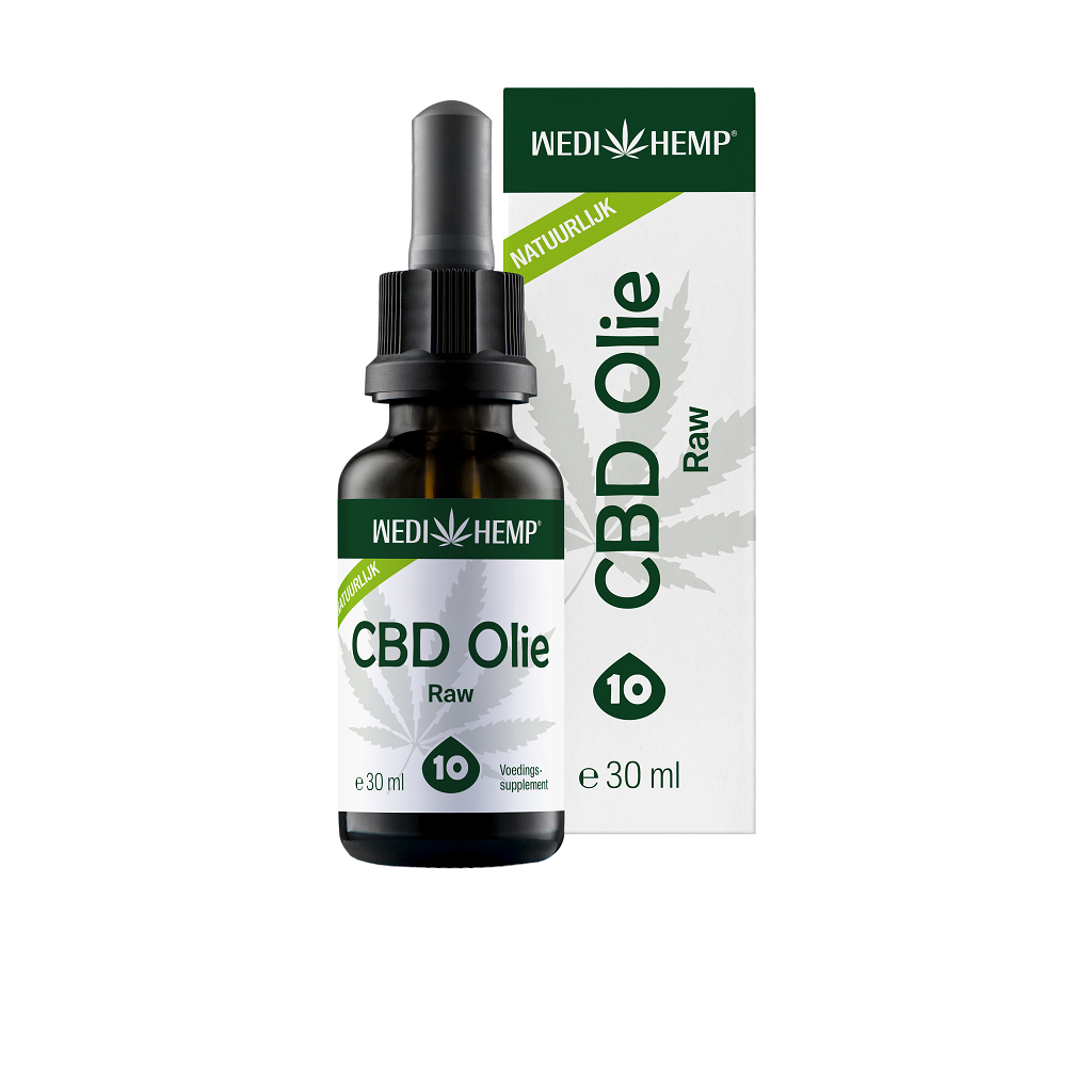 A 30 ml bottle of Wedihemp CBD Oil RAW 10%, packaged with a box, marketed as a natural dietary supplement.