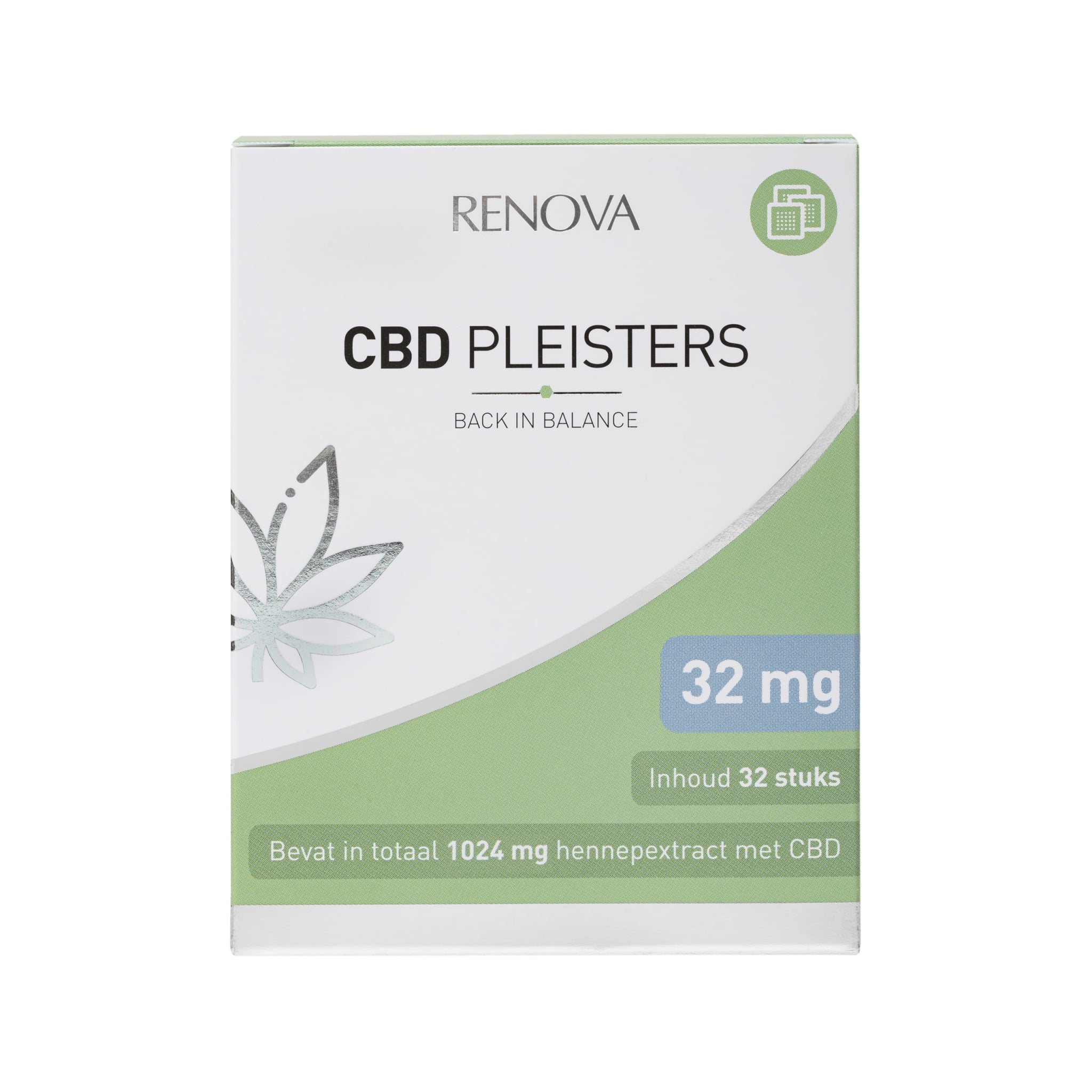 A box of Renova CBD patches (32 mg - 32 pieces) with a white background.