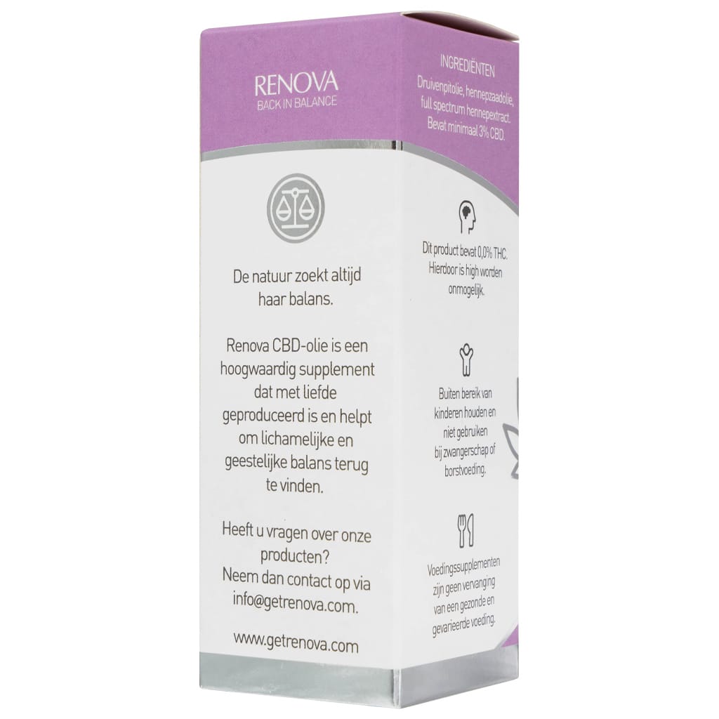 A white box with a purple label on it containing Renova CBD oil 3% (30 ml).