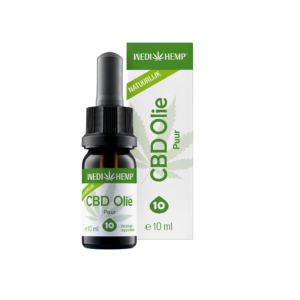 The 10 ml bottle of Wedihemp CBD Oil Pure 10% comes with a dropper and is packaged in a green and white box featuring a cannabis leaf.