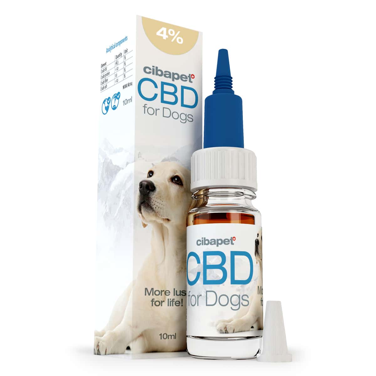 A box of CBD pastilles for dogs (3,2mg) next to a bottle.