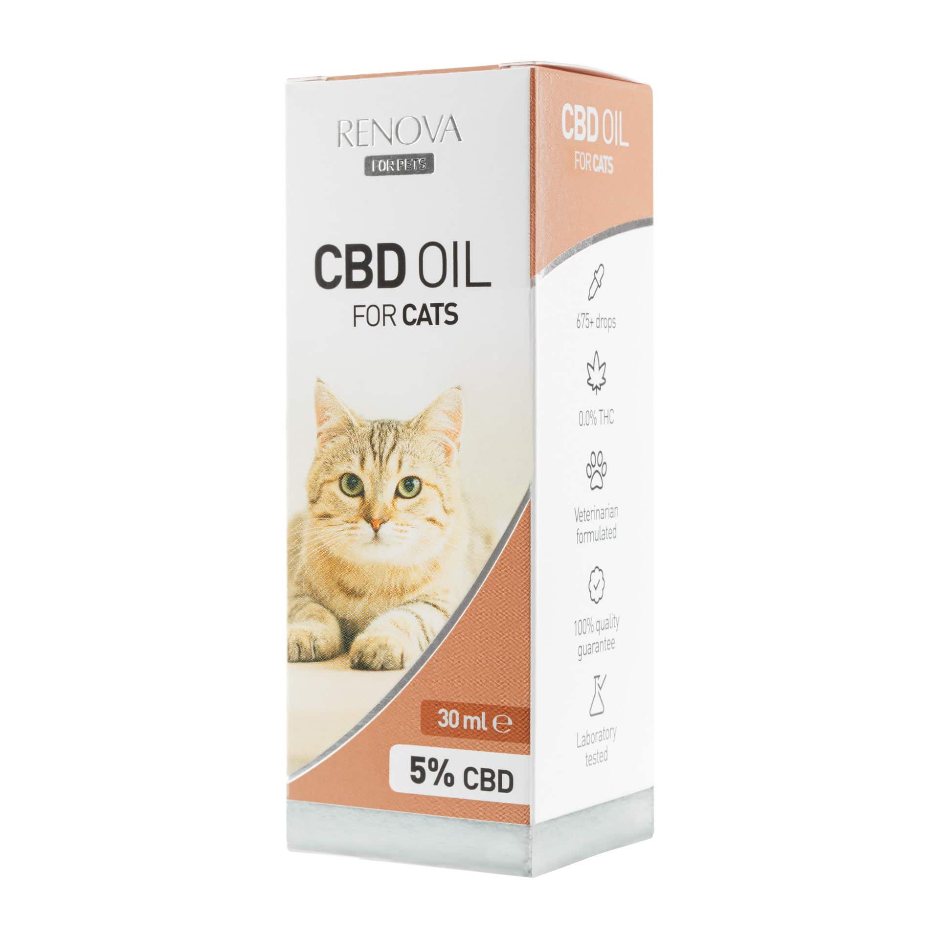 A Renova - CBD oil 5% for cats (30ml) on a white background.