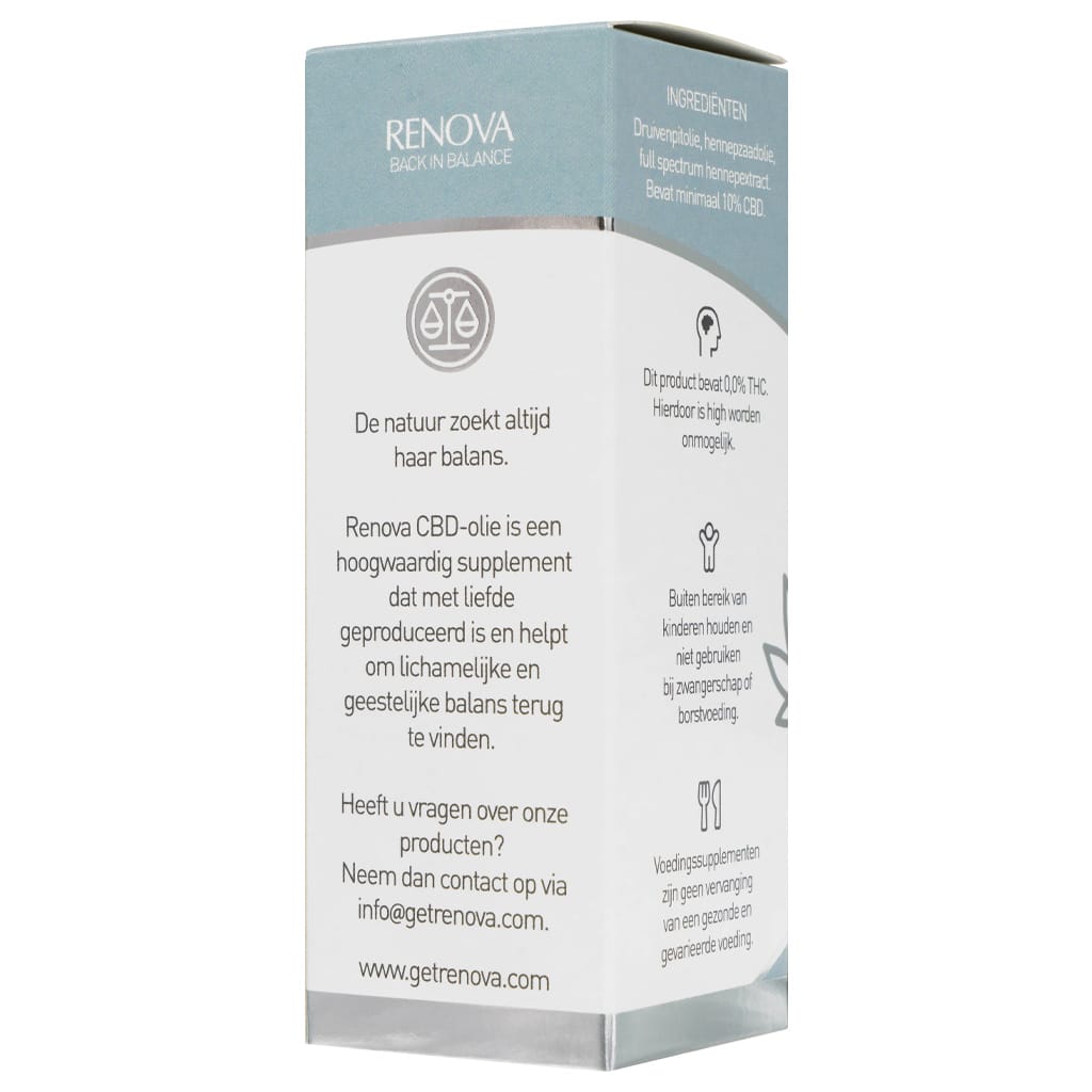 A white box with a blue label Renova CBD oil 10% (30 ml) on it.