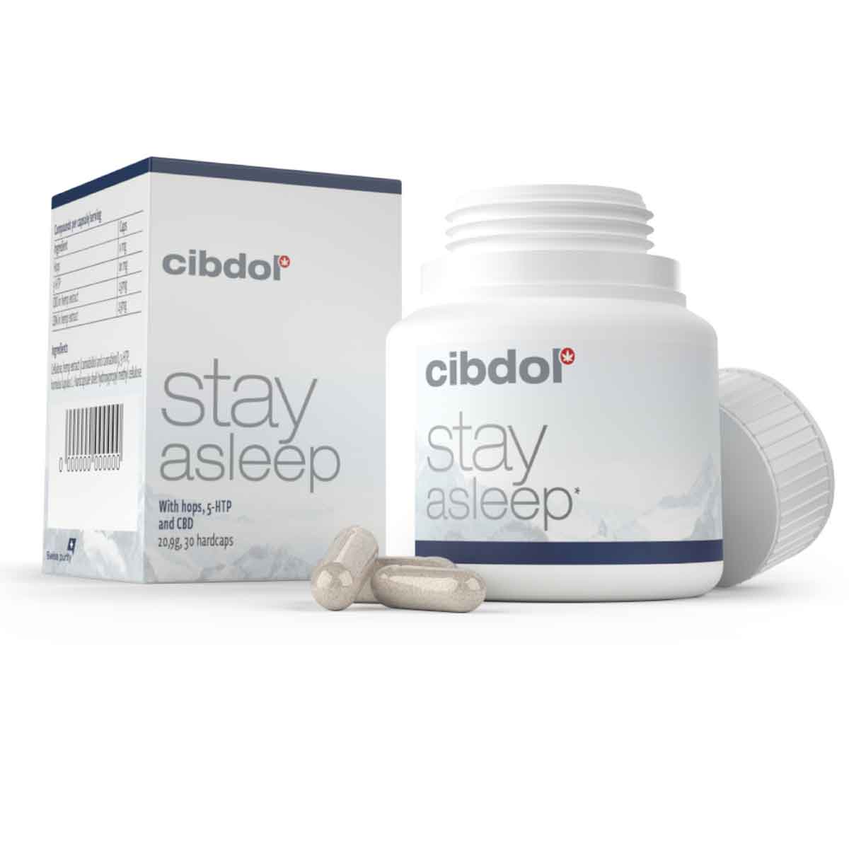 A box of Cibdol Stay Asleep Capsules with CBD and CBN (30 pieces) next to a bottle.