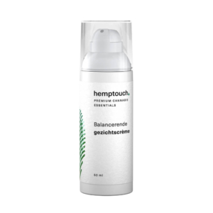 a close up of a bottle of Hemptouch balancing face cream with CBD (50 ml/50 mg) on a white background.