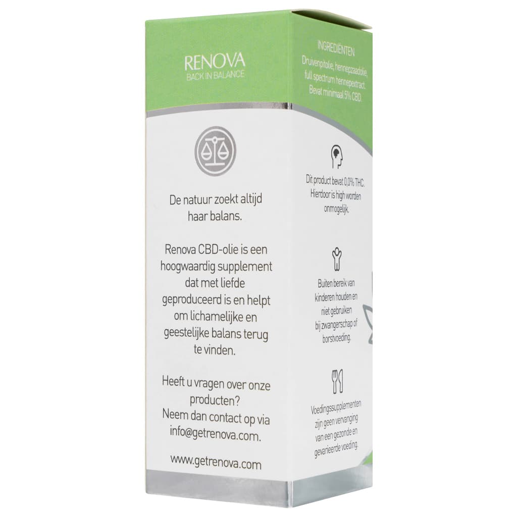 A white box with a green label on it containing Renova CBD oil 5% (30 ml).