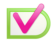 a green and pink check mark on a white background.