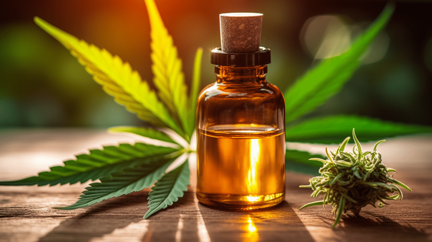 a bottle of cannabis oil next to a marijuana leaf.