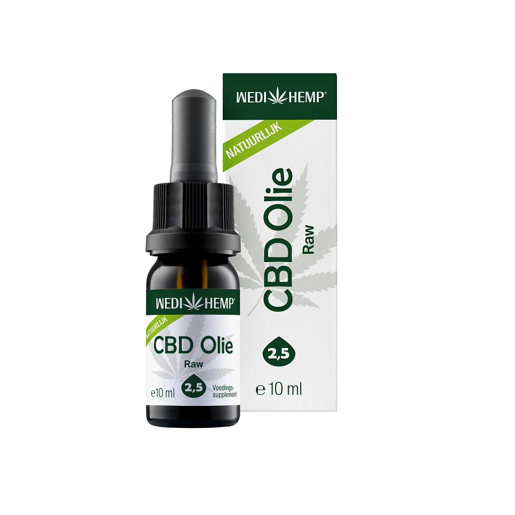 A bottle of Wedihemp CBD Oil RAW 2,5% featuring a dropper sits beside its packaging.