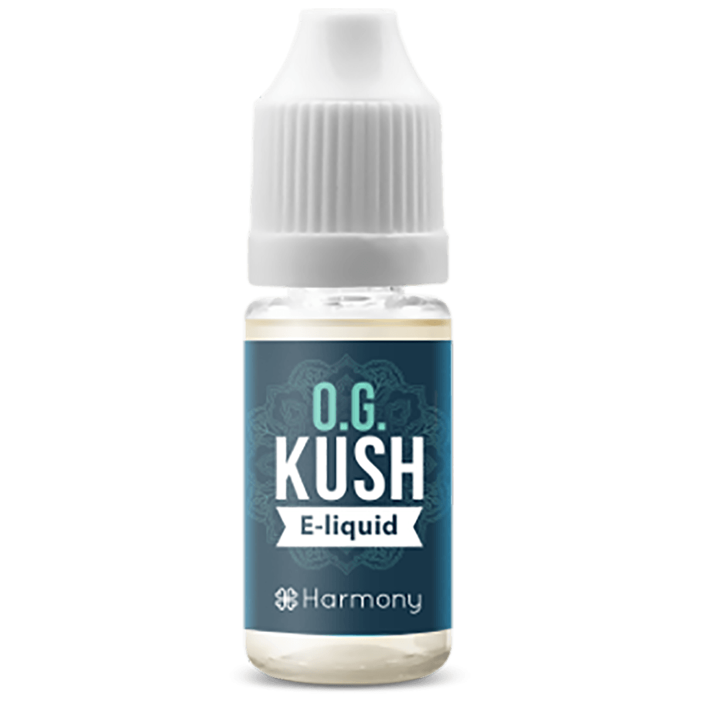 a bottle of Harmony E-liquid 100mg CBD - O.G. Kush (10ml)