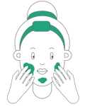 Illustration of a person applying cream to their face with both hands, focusing on the cheeks and chin. The person has a bun hairstyle and wears a headband.