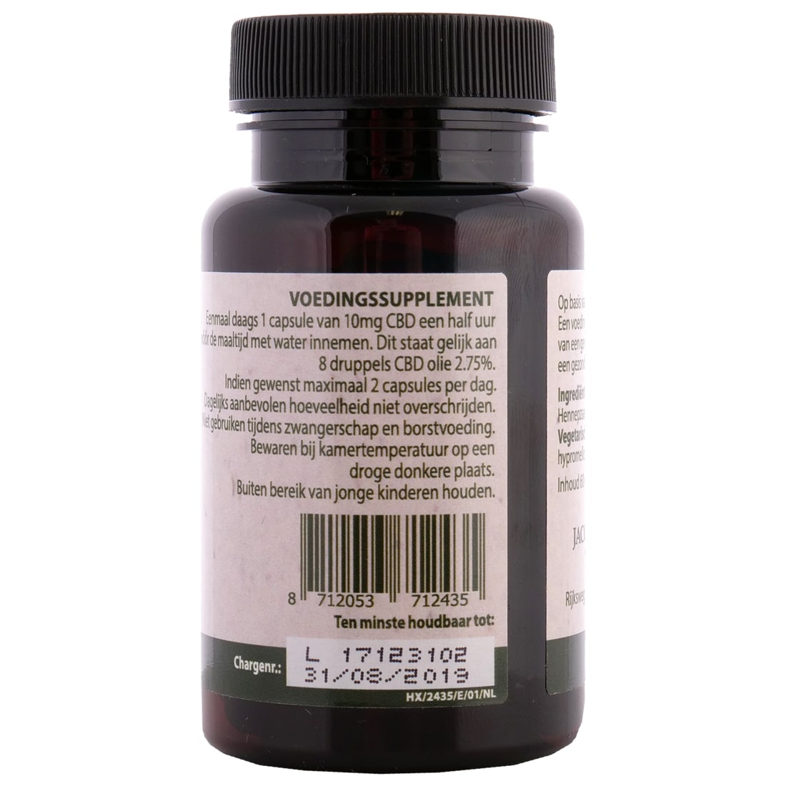 A close up of a bottle of Jacob Hooy CBD Capsules (60 pcs - 10mg) supplement.