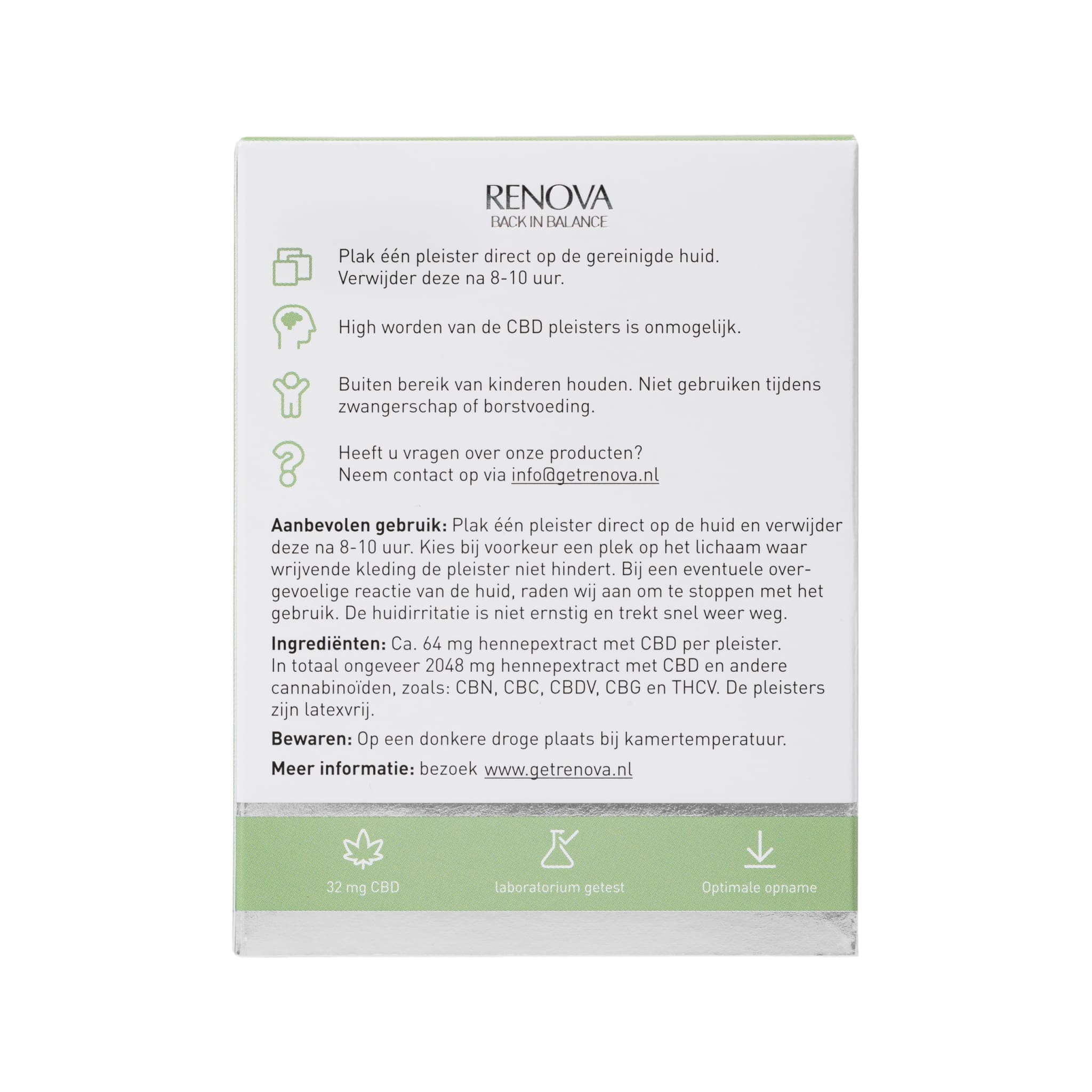 A white box with a green label on it containing Renova CBD patches (64 mg - 32 pieces).