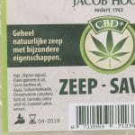 A label for Jacob Hooy CBD Soap with a cannabis leaf on it.