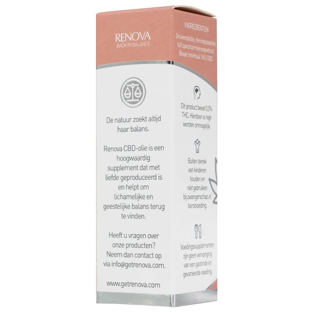A white box with a pink label on it containing Renova CBD oil 16%.