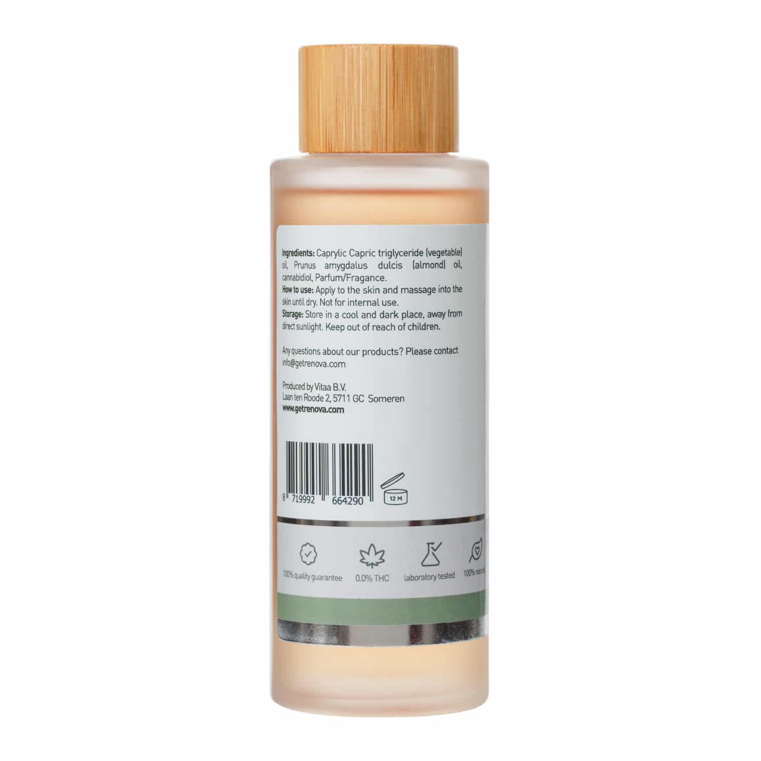 A Renova Massage Oil with CBD (100ml) with a wooden cap.