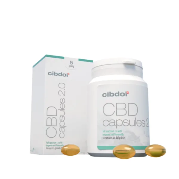 A bottle and box of Cibdol 5% CBD softgel capsules, with three capsules placed in front, labeled as 8.3 mg each.