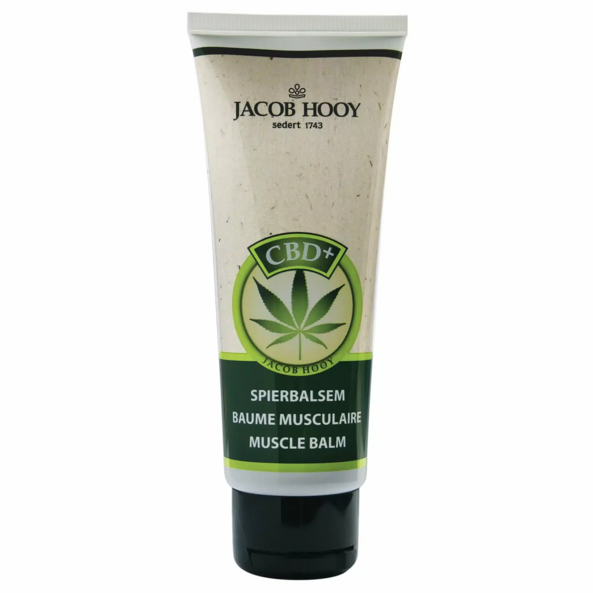 A 75ml tube of Jacob Hooy - CBD Muscle Balm featuring a cannabis leaf design on the label.