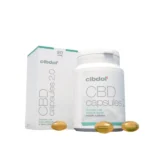 Cibdol 20% CBD softgels capsules (60 pieces – 33.33 mg) package and bottle with three capsules on a white background.