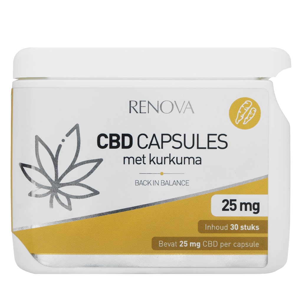 A bottle of Renova CBD capsules 2,5% (10 mg) next to a container of Renova CBD capsules 2,5% (10 mg).
