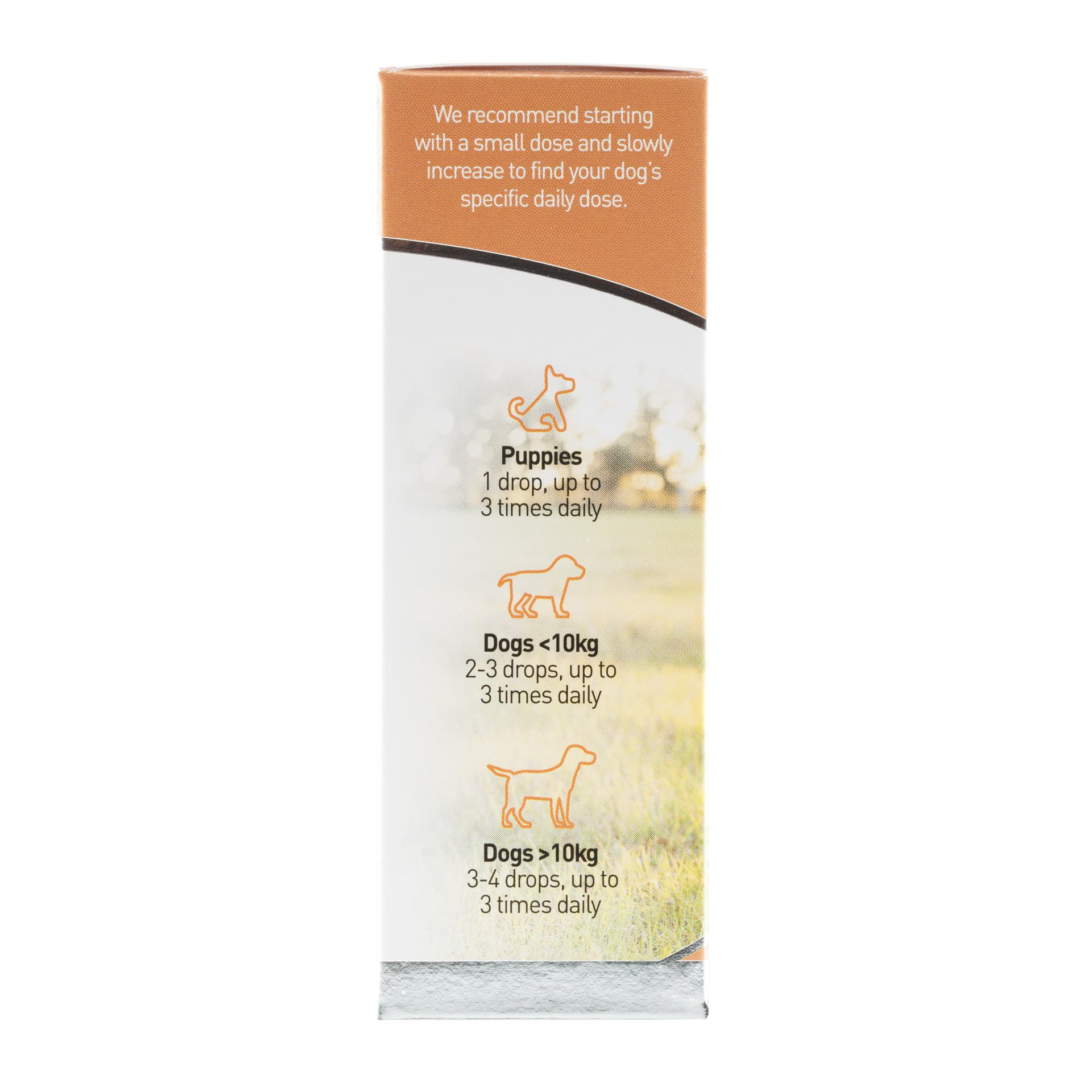 an orange and white banner with a picture of Renova - CBD oil 5% for dogs (30ml).