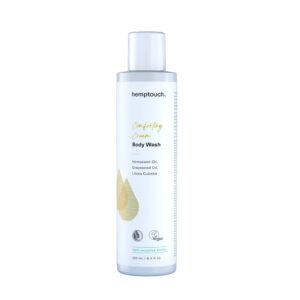 A white bottle of Hemptouch - Comforting Cream Body Wash (250ml) with hempseed oil, grapeseed oil, and litsea cubeba. The bottle is 250 ml in size and features vegan and recycled materials symbols.