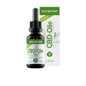 A 30ml bottle of Wedihemp CBD Oil Pure 5% with a dropper, positioned next to its green and white packaging featuring the words "Natuurlijk" and "5%" alongside a hemp leaf design.