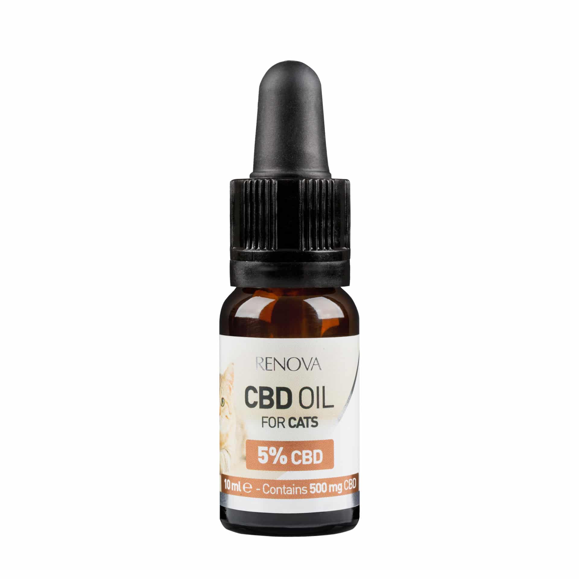 A bottle of Renova - CBD oil 5% for cats (10ml) on a white background.