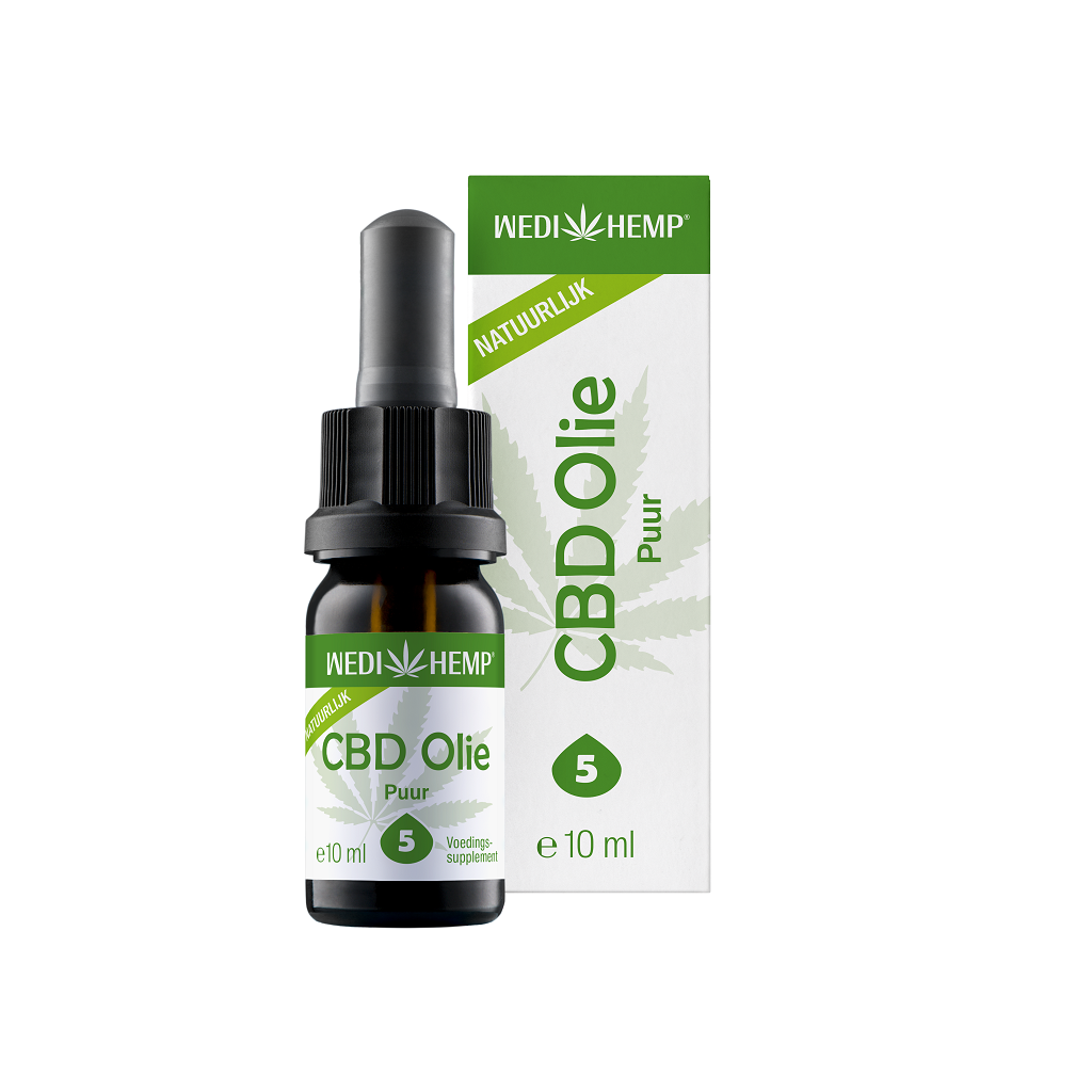 A 10ml bottle of Wedihemp's CBD Oil Pure 5%, featuring a dropper and presented in green and white packaging labeled "Natuurlijk CBD Olie Puur.