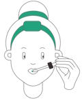 Illustration of a person with a headband, applying lip gloss or a similar product with a dropper to their lips.