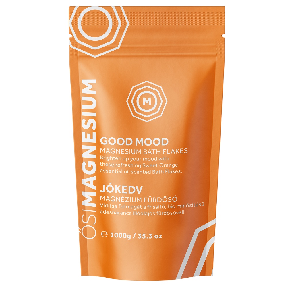 A 1000g orange bag of OsiMagnesium - Good Mood Magnesium Bath Flakes - Sweet Orange (1kg), labeled in English and Hungarian.