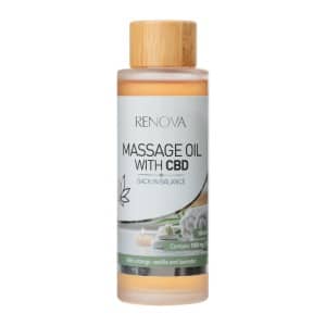 A bottle of Renova - Massage Oil with CBD (100ml) - Lavender, vanilla & orange.