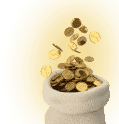 a bag full of gold coins flying out of it.