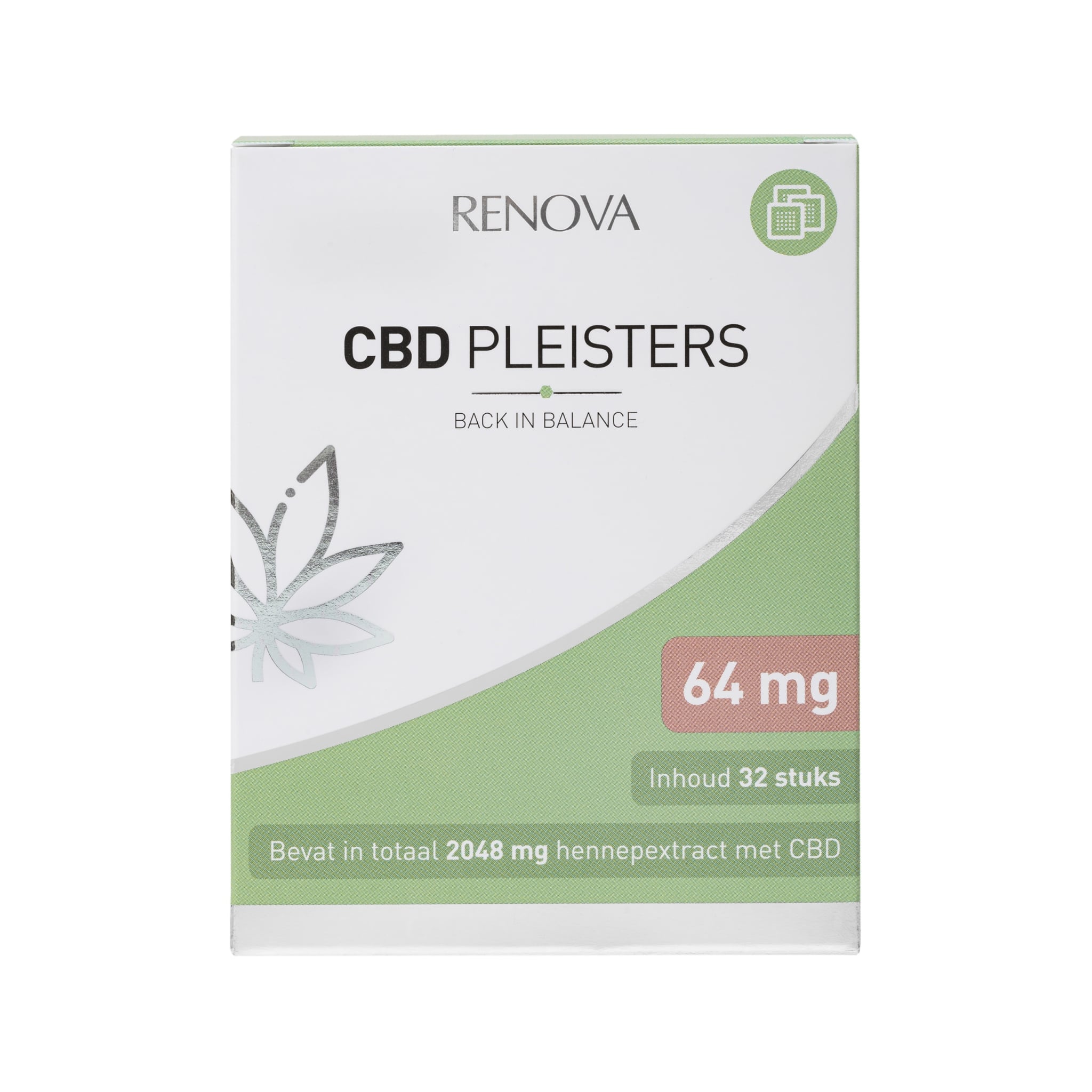A packet of Renova CBD patches (64 mg - 32 pieces) resting on a white table.