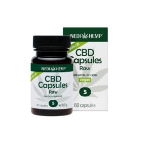 A bottle and box of Wedihemp CBD Capsules 5% containing 60 vegan capsules, each with 5 mg of CBD extract.