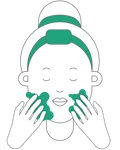 Illustration of a person with a headband, applying green facial cleanser to their cheeks with both hands.