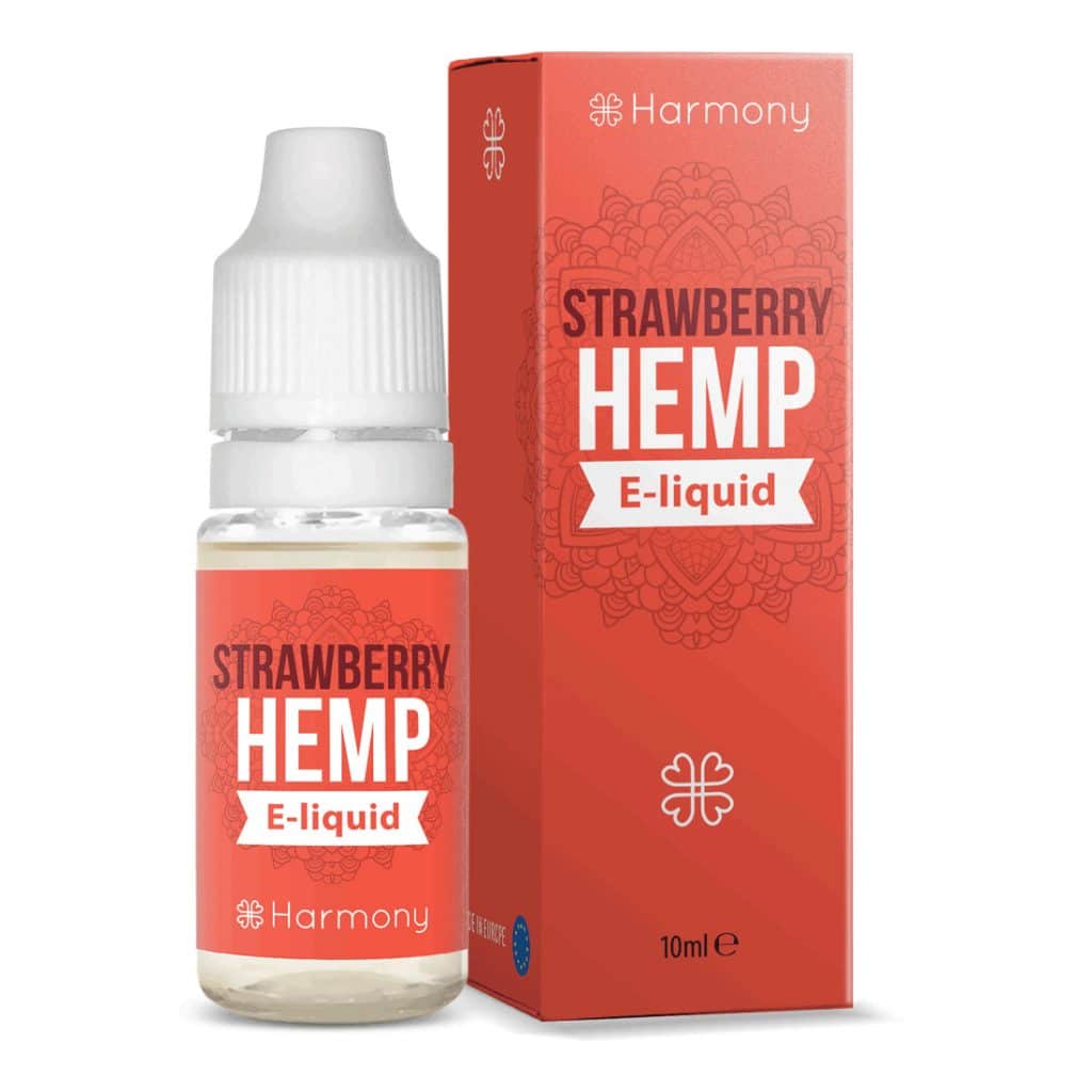 A bottle of Harmony E-liquid 100mg CBD - Strawberry (10ml) next to a box.