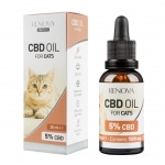 A bottle of Renova - CBD oil 5% for cats (30ml) next to a box of Renova - CBD oil 5% for cats (30ml).
