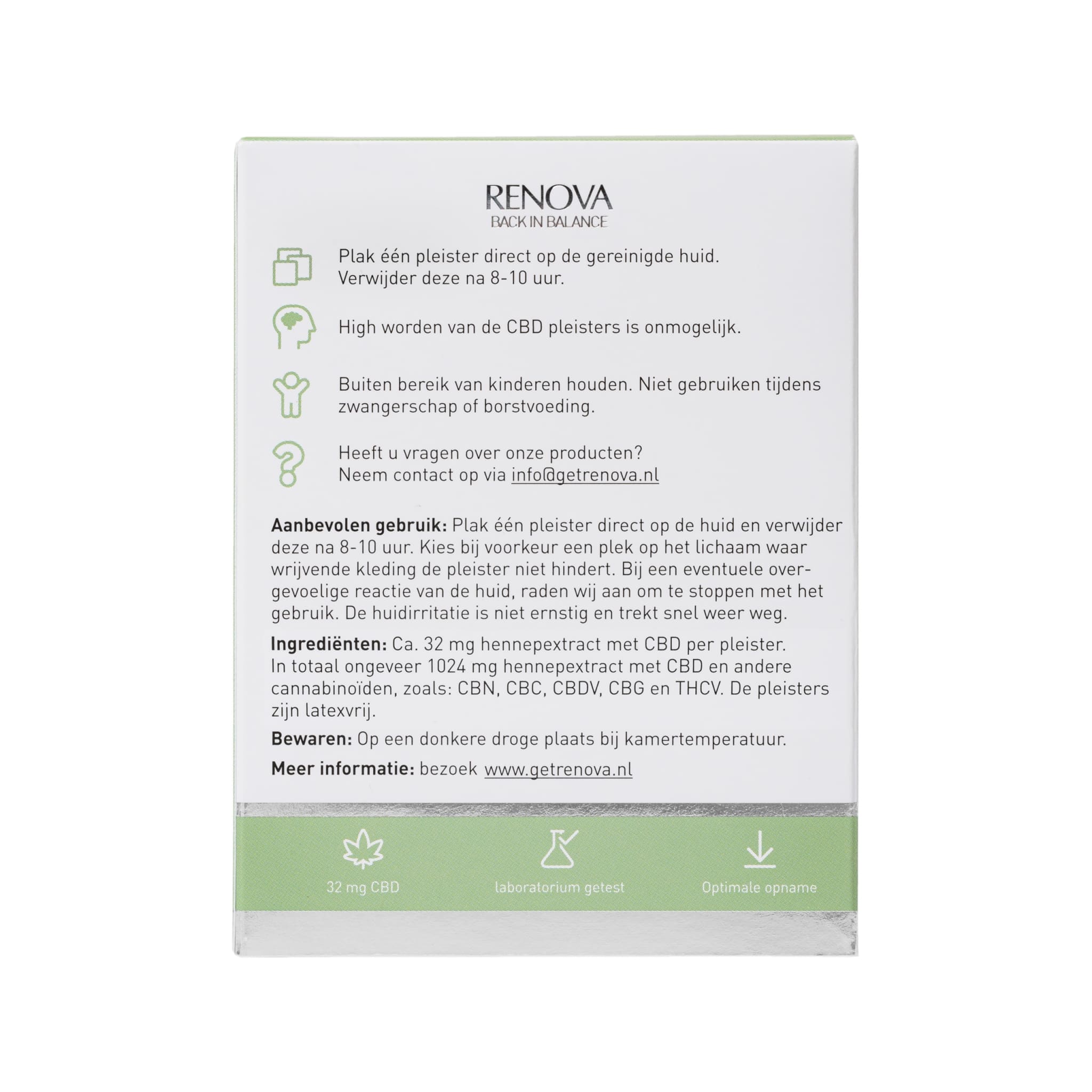 The back of a white box with a green label on it containing Renova CBD patches (32 mg - 32 pieces).