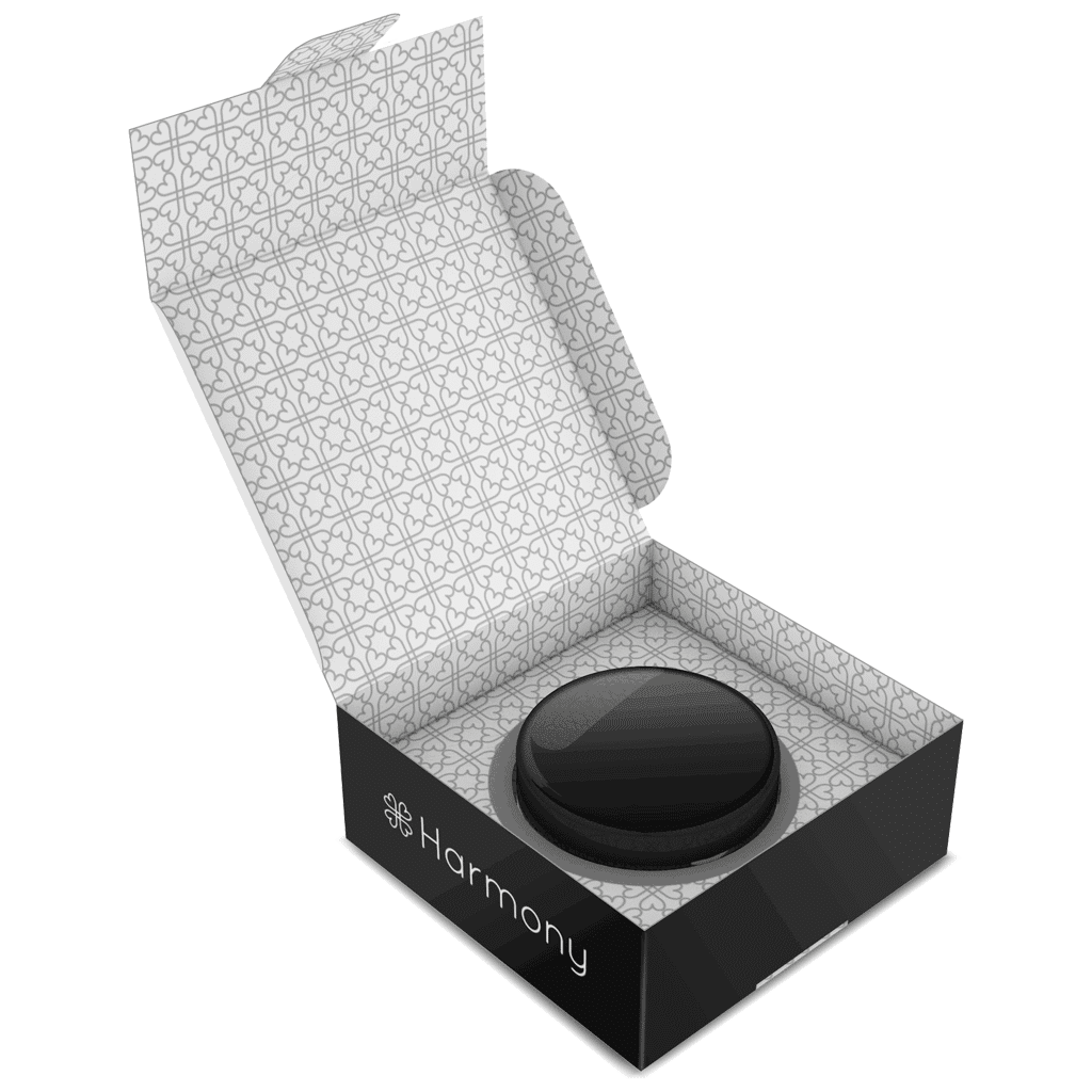 a black and white box with Harmony CBD Crystals (99% Pure CBD) inside.