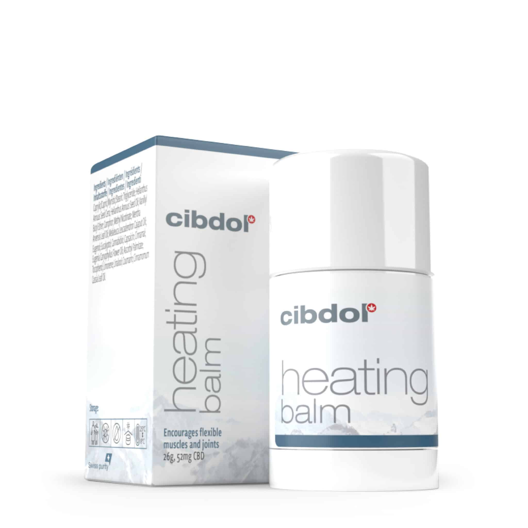 a Cibdol Heating Muscle Balm with CBD box and a Cibdol Heating Muscle Balm with CBD box with a white label on it.
