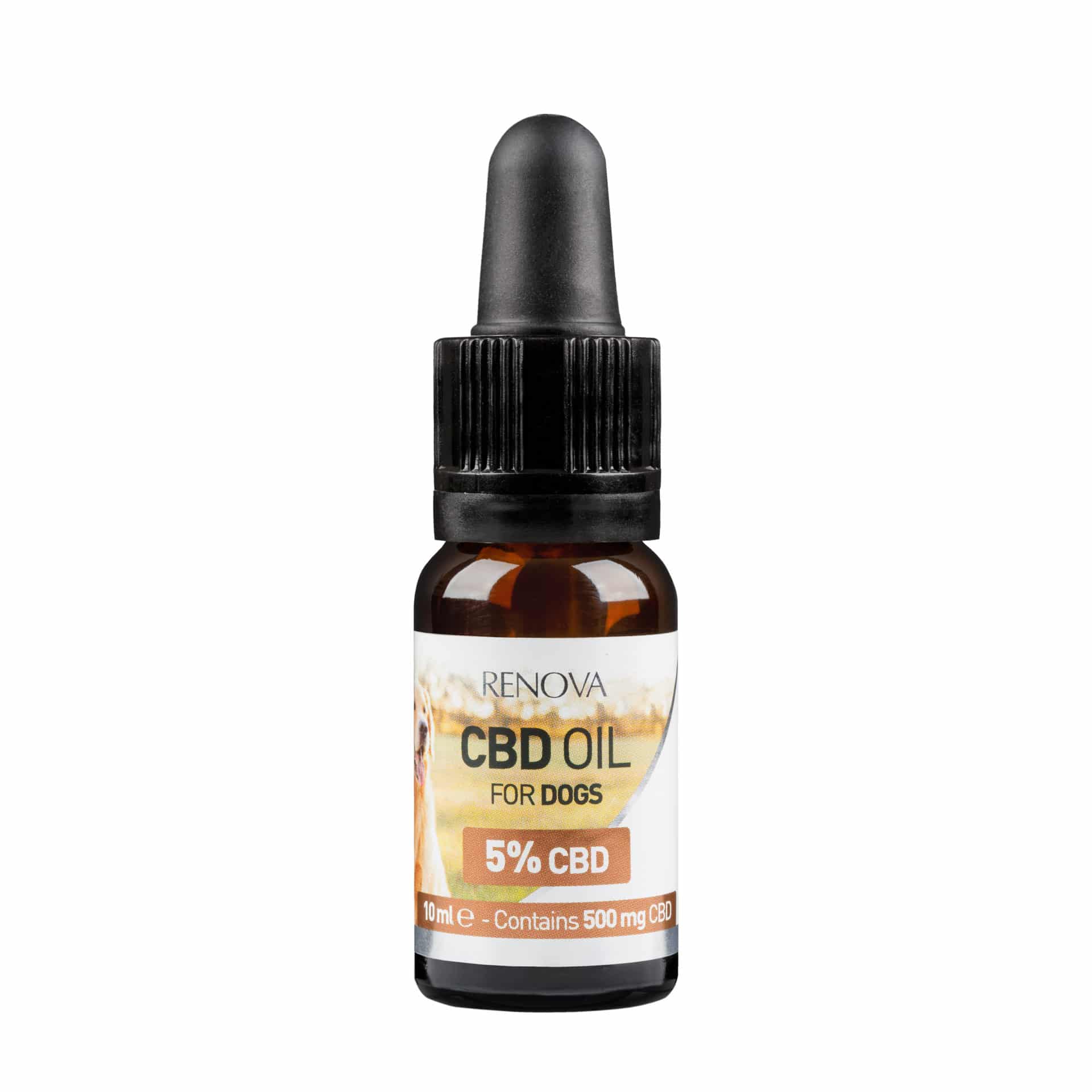 A bottle of Renova - CBD oil 5% for dogs (10ml) on a white background.