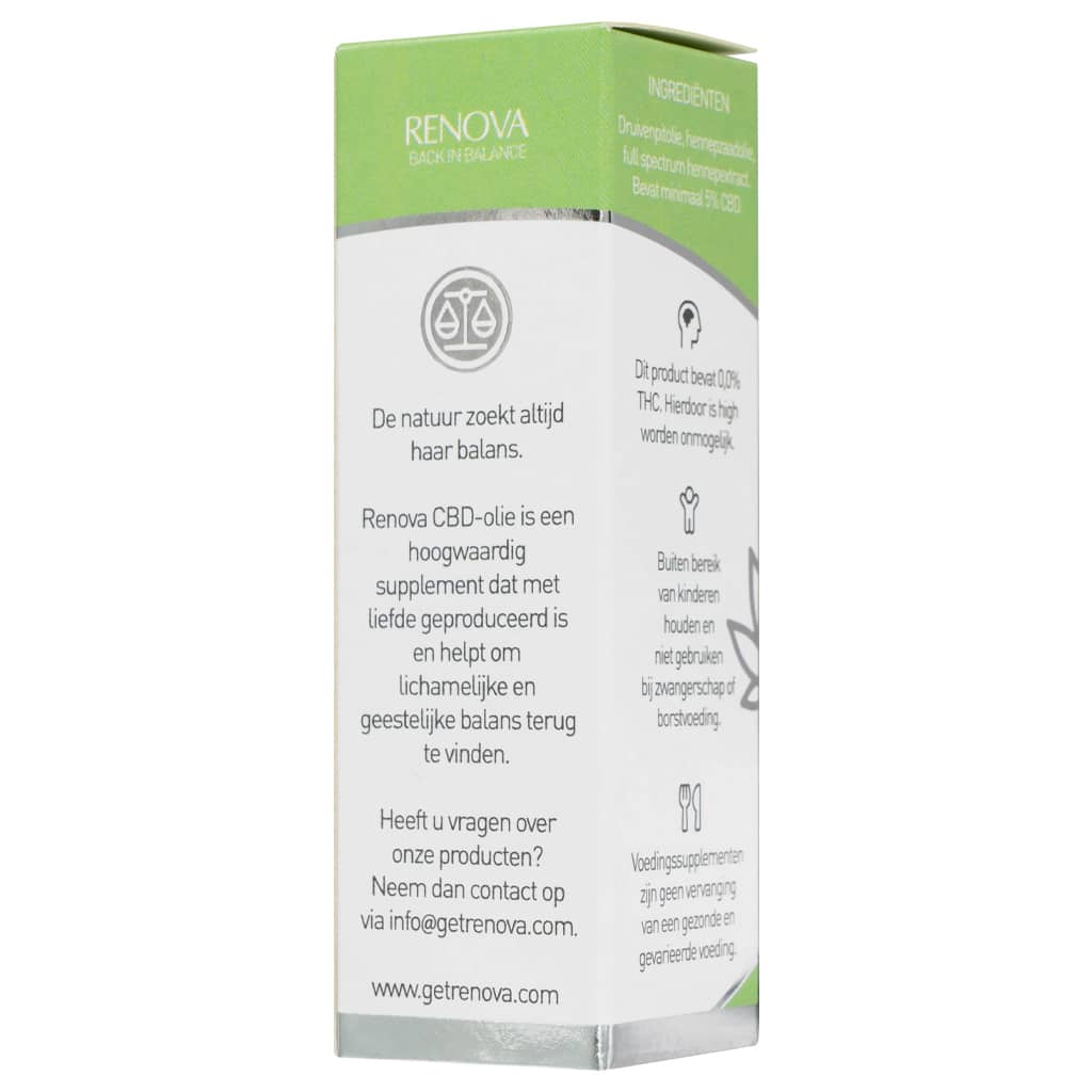 A white box with a green label on it, containing Renova CBD oil 5%.