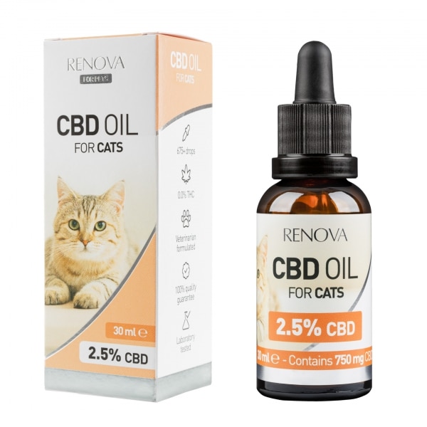 a bottle of Renova - CBD oil 2,5% for cats (30ml) next to a box of Renova - CBD oil 2,5% for cats (30ml).