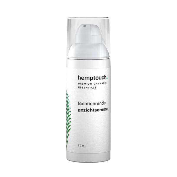 a close up of a bottle of Hemptouch balancing face cream with CBD (50 ml/50 mg) on a white background.