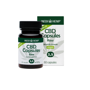 A bottle and box of Wedihemp CBD Capsules 2.5%, labeled as vegan, containing 60 capsules with each capsule having 13.5mg of CBD extract.