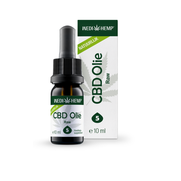 A bottle and box of Wedihemp CBD Oil RAW 5%, labeled as a dietary supplement, featuring green text and a leaf graphic. Contains 10 ml, labeled as "Natuurlijk" with the number 5 on both.