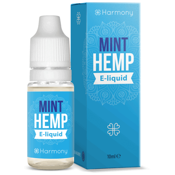 A bottle of Harmony E-liquid 600mg CBD - Classic Hemp (10ml) next to a box.